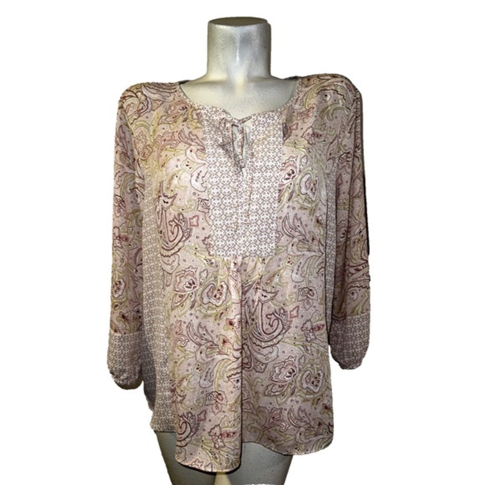 Emma &‎ Olivia Top Women's Size XL Paisley Print Tunic Tie Neck 3/4 Sleeve Boho